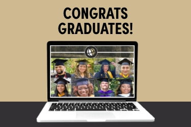 "Congrats Graduates" and a laptop screen showing a grid of smiling Purdue Global graduates